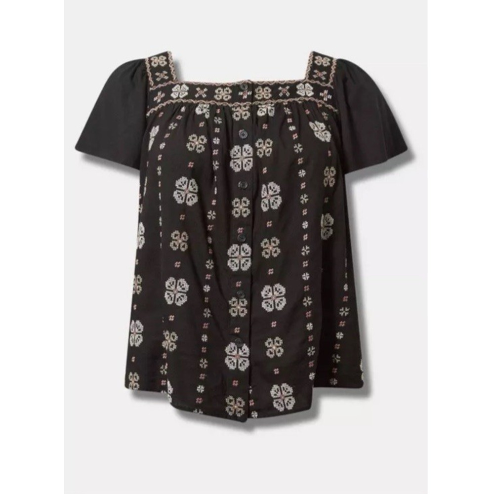 torrid Black Embroidered Square-Neck Peasant Blouse